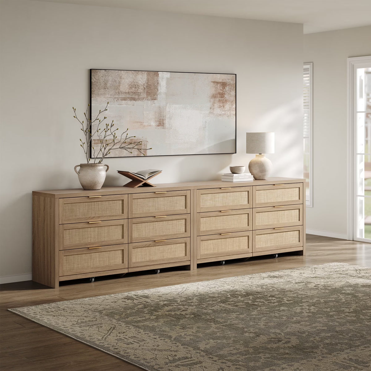 2026 NewSICOTAS 56.85" 6 Drawer Dresser,Rattan Dresser with Storage,Boho Dressers & Chests of Drawers Wooden Tall Dresser for Bedroom