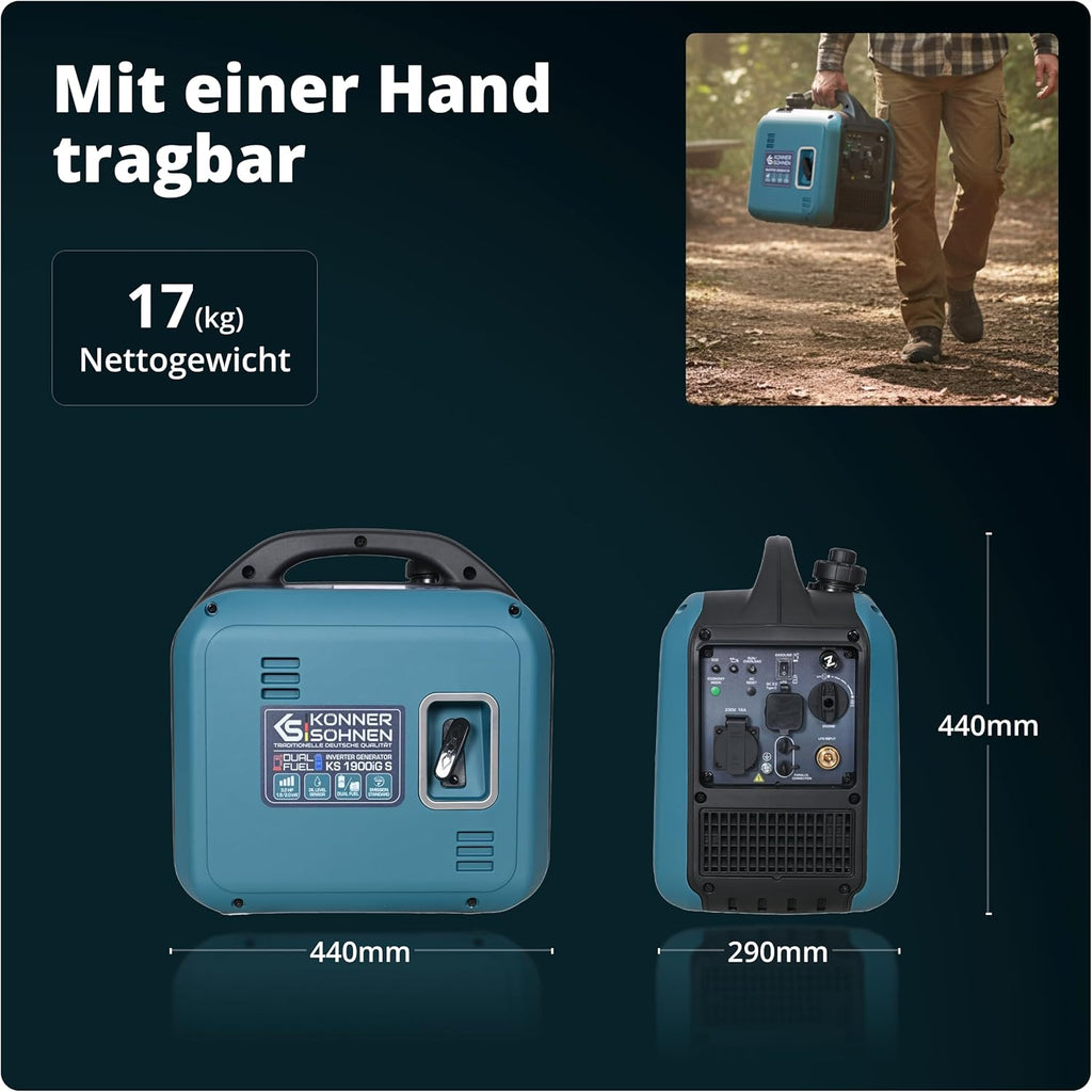 2026 Könner & Söhnen Generador Inverter KS 1900iG S, Generador de Doble Combustible (GLP/Gasolina) 2000W, Generador de Emergencia Silencioso, Ultraligero 17kg, Onda Sinusoidal Pura, Modo Eco, USB, Euro-5