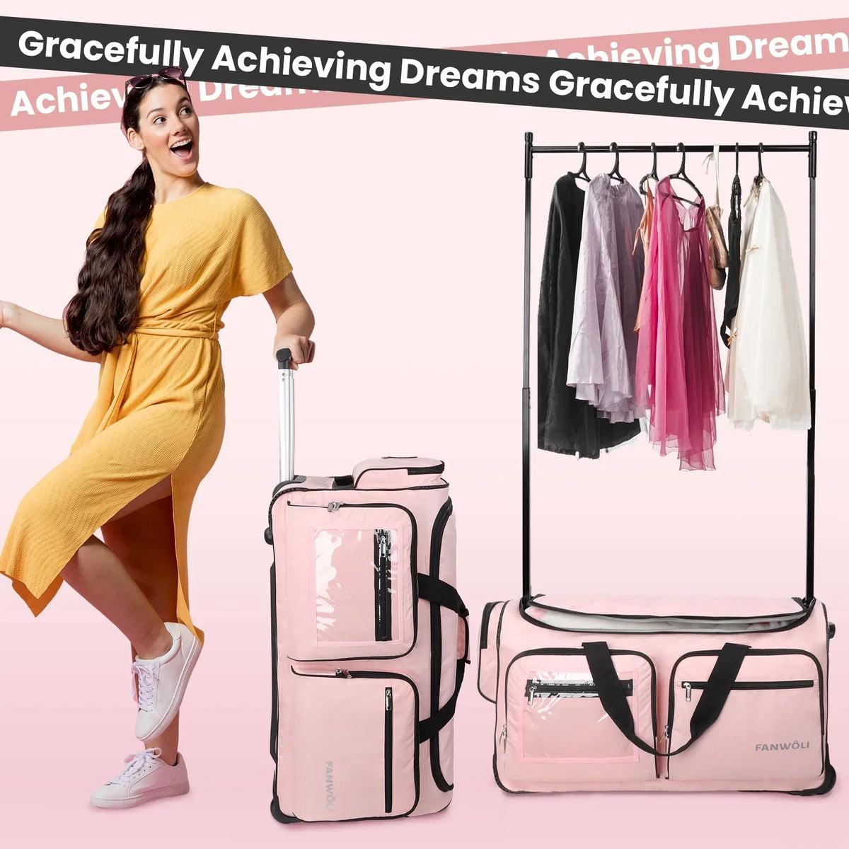 2026 NewFegat Dance Bag with Garment Rack - 28"Collapsible Rolling Competition Dance Duffle Bag Lightweight Costume Wheeled Suitcase for Dancers Shows Livestreamer Athletes