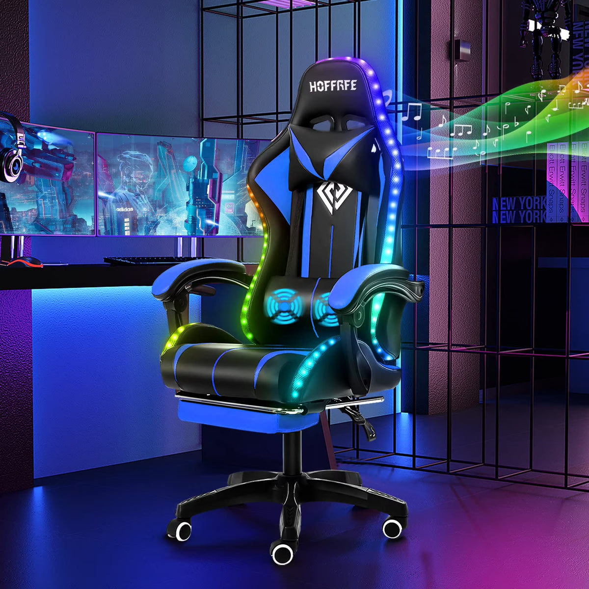 2026 NewRGB Gaming Chair with Speakers Massage Computer Gaming Chair with LED Lights and Footrest High Back Video Game Chair for Adults Blue and Black