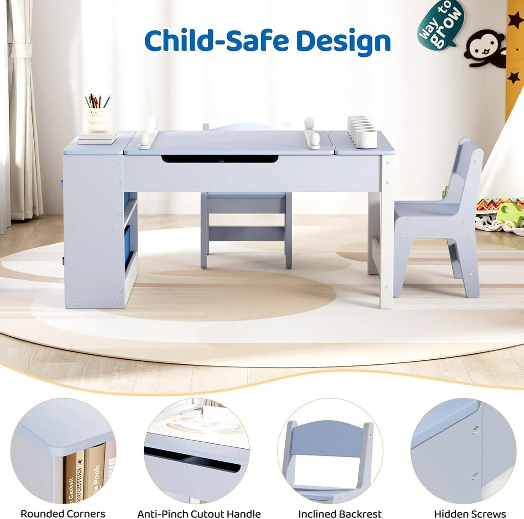 2026 NewLAZY BUDDY Kids Art Table and 2 Chairs Set, 2 in 1 Easel & Toddler Craft Table and Chairs Set with Storage Bins, Paint Cups and Paper Roll, Activity Table Set for Children 3+