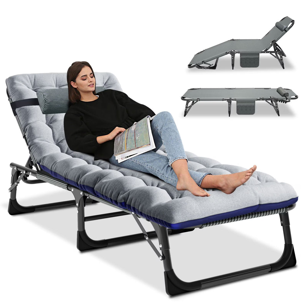 2026 NewMOPHOTO Lounge Chair with Mattress, Outdoor Chaise Lounge Support 440 Lbs, Adjustable Portable Heavy Duty Sleeping Cots Bed for Camping, Pool, Beach, Patio