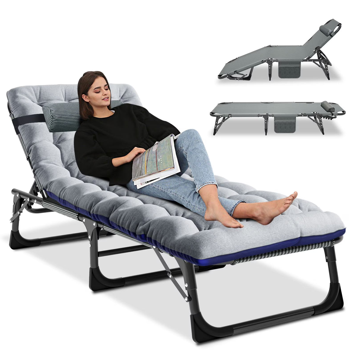 2026 NewMOPHOTO Lounge Chair with Mattress, Outdoor Chaise Lounge Support 440 Lbs, Adjustable Portable Heavy Duty Sleeping Cots Bed for Camping, Pool, Beach, Patio
