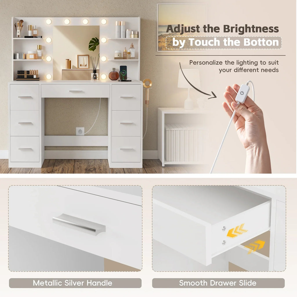 2026 NewLacoo Vanity Desk with Mirror and LED Lights, Makeup Vanity with 7 Drawers & 4 Shelves, Vanity Table with Power Outlet for Bedroom Dressing Room, White