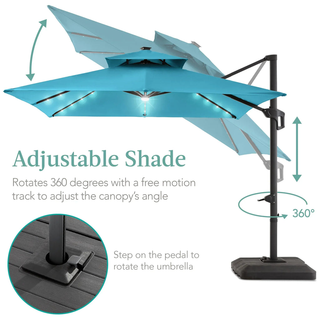 2026 NewBest Choice Products 10x10ft 2-Tier Square Outdoor Solar LED Cantilever Patio Umbrella w/ Base Included - Tan