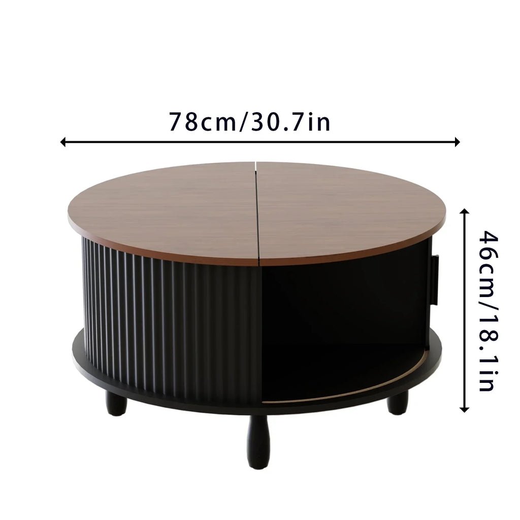 2026 NewRUMLIVE Round Coffee Table with Storage, 30.7" Modern Coffee Table with 360" Curved Sliding Door, Fluted Wood Coffee Table with Footpads, Round Center Table for Living Room, Black
