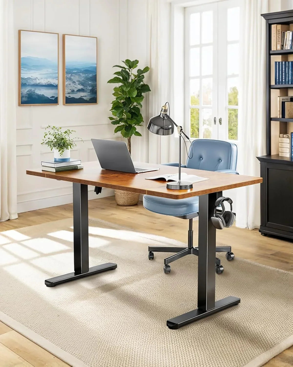2026 NewUANUO 48 x 24 inch Electric Standing Desk, Height Adjustable Table with Headphone Hooks & Cable Manager, Sit to Stand up Desk for Home Office, Vintage Brown