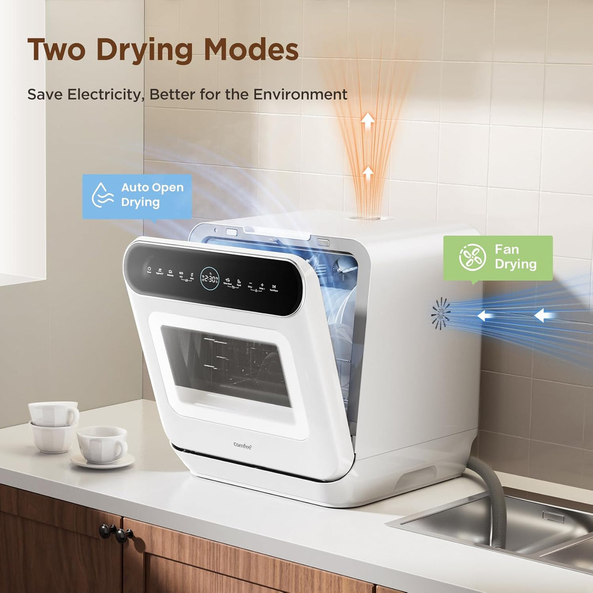 2026 Lavavajillas de sobremesa COMFEE' 7, depósito integrado de 6 L, 3 programas, lavado higiénico, secado con apertura automática, clase energética D, blanco