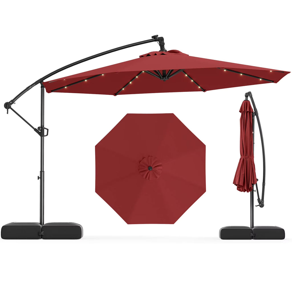 2026 NewCostway 10 FT Solar Offset Hanging Umbrella Patio Cantilever Umbrella with 32 LED Lights Brown
