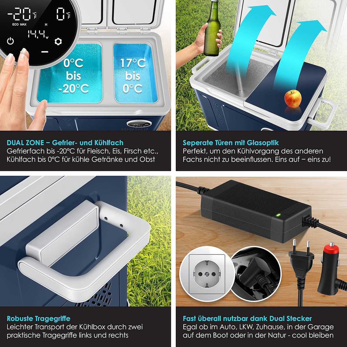 2026 Nevera portátil con compresor KESSER 2 en 1, doble zona de refrigeración y congelación, con 2 acumuladores de frío y control táctil LED | Refrigerador con capacidad de enfriamiento hasta -20 °C para camping, coche y camión, 12/24 V 230 V