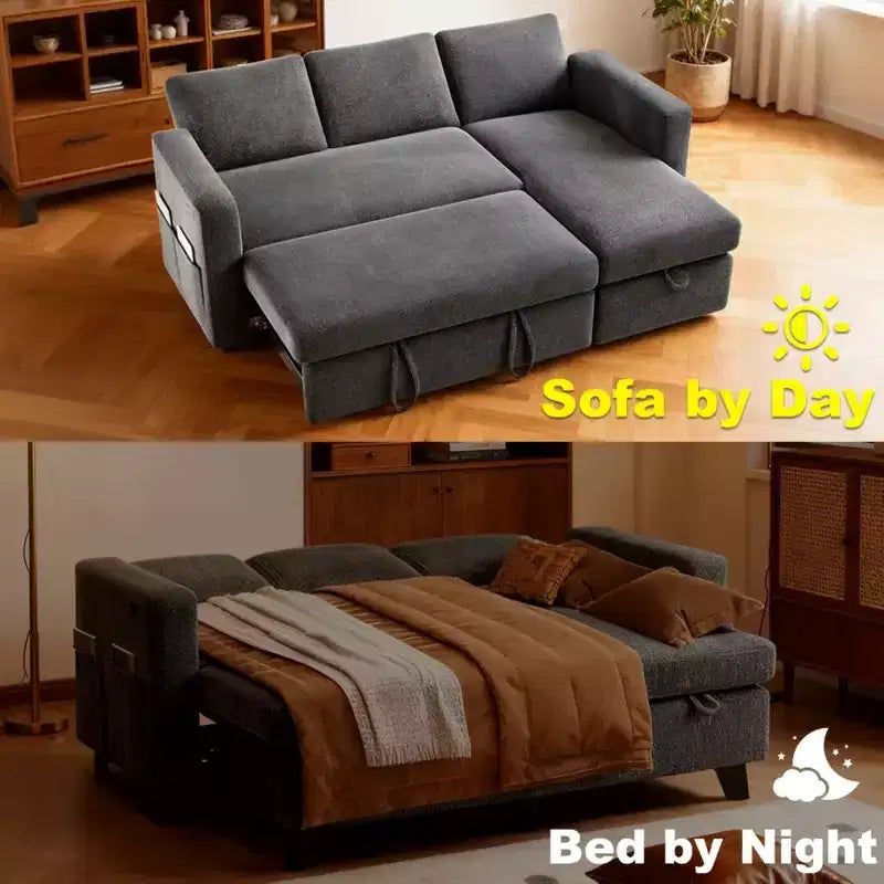 2026 Sofá cama extraíble 2 en 1 con chaise longue de almacenamiento, chenilla y puertos USB