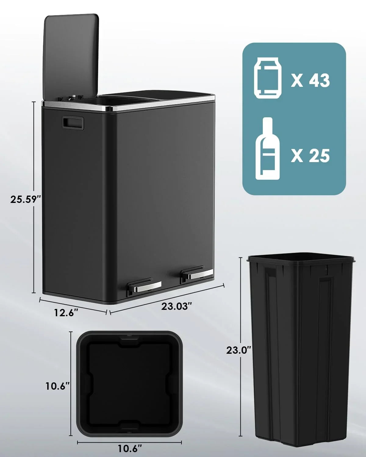 2026 NewArlopu 60 L/16 gal Dual Trash Can, Stainless Steel Garbage Can for Kitchen, Recycle Bin with Lid