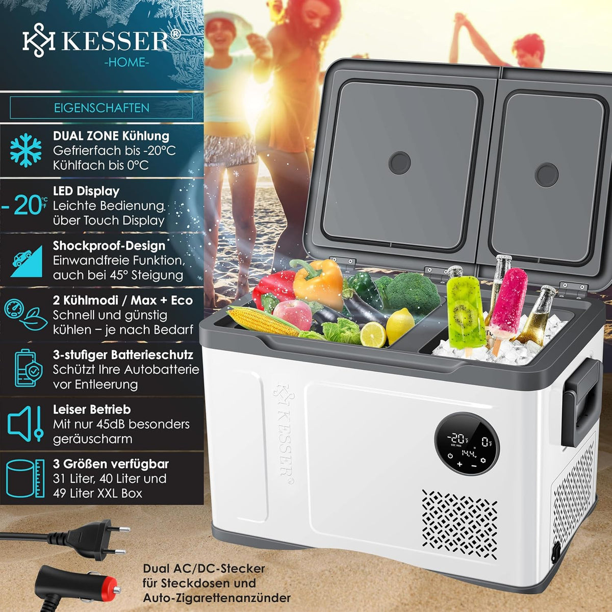 2026 Nevera portátil con compresor KESSER 2 en 1, doble zona de refrigeración y congelación, con 2 acumuladores de frío y control táctil LED | Refrigerador con capacidad de enfriamiento hasta -20 °C para camping, coche y camión, 12/24 V 230 V
