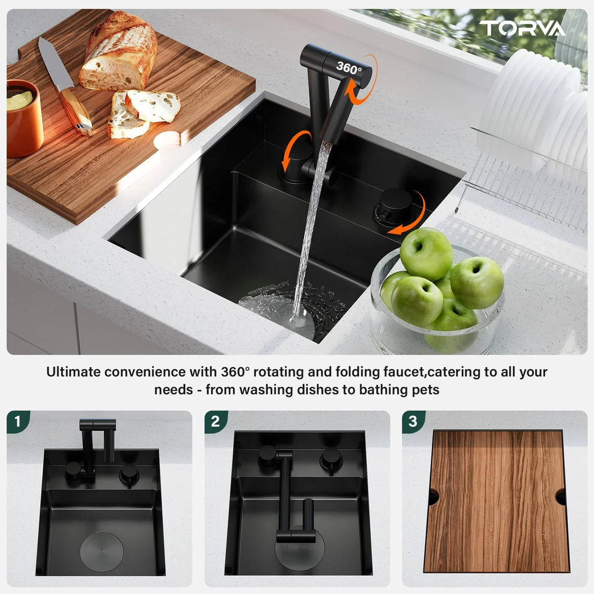 2026 NewTORVA RV Kitchen Sink, 13 x 15 x 7 Inch Undermount Bar Sink 16 Gauge Stainless Steel Single Bowl Sink with Foldable Faucet Cutting Board, Dark Grey