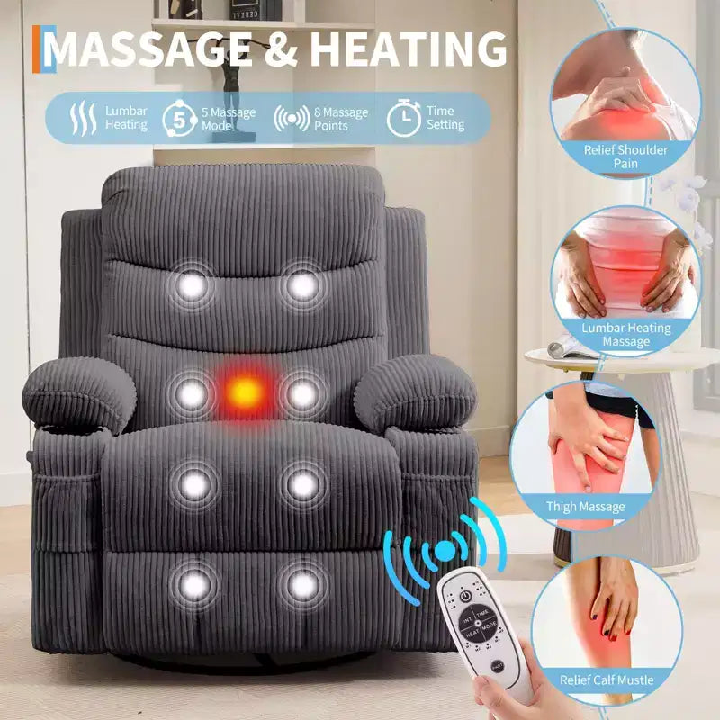 2026 Sillón reclinable mecedora giratorio 360° extragrande con masaje y calor, portavasos y bolsillos