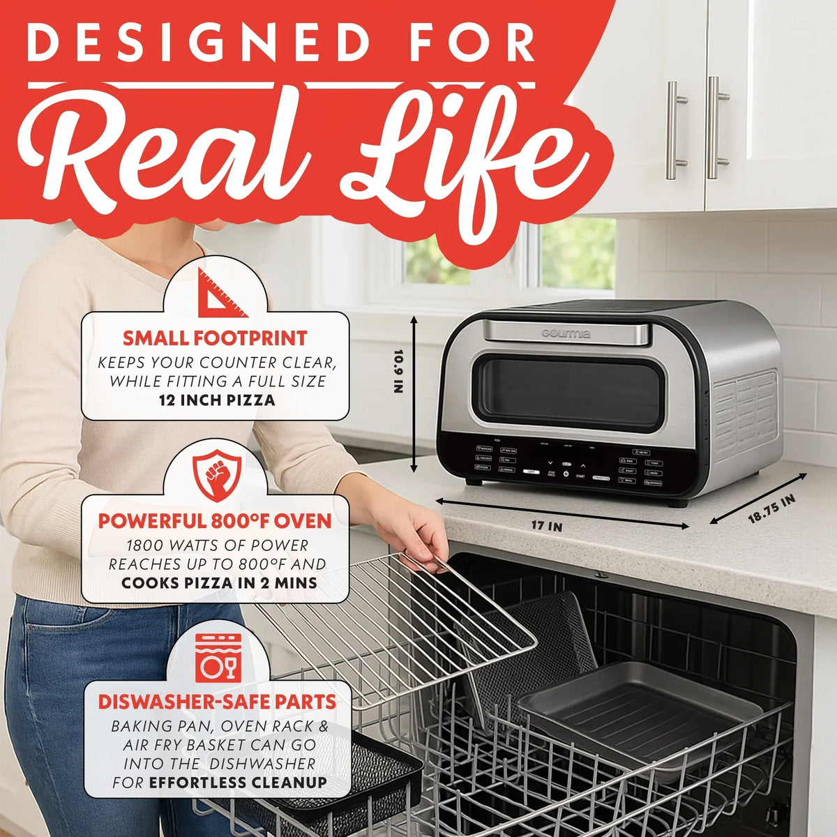 2026 NewGourmia Indoor Pizza Oven - All-in-One with 7 Cooking Functions, 6 Pizza Presets, Stainless Steel