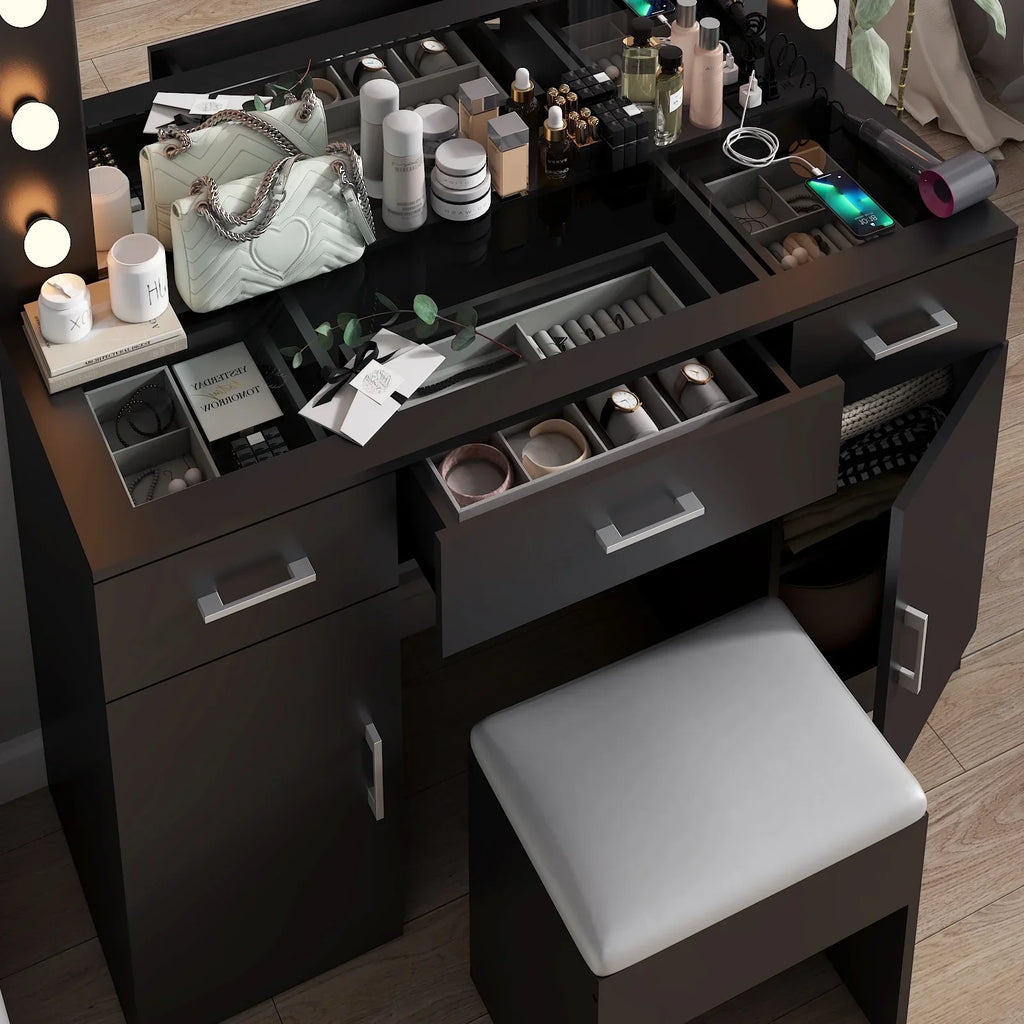 2026 NewKtaxon Large Makeup Vanity, Vanity Table Set w/ Visible Glass Top w/ Charging Station, White