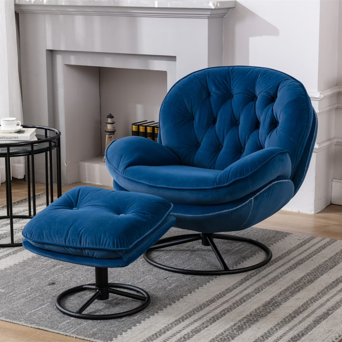2026 NewVelvet Swivel Accent Chair with Ottoman, Modern Chaise Lounge Chair with Metal Frame and Footstool, Comfy Armchair Reading Chair for Living Room Bedroom Office,Blue
