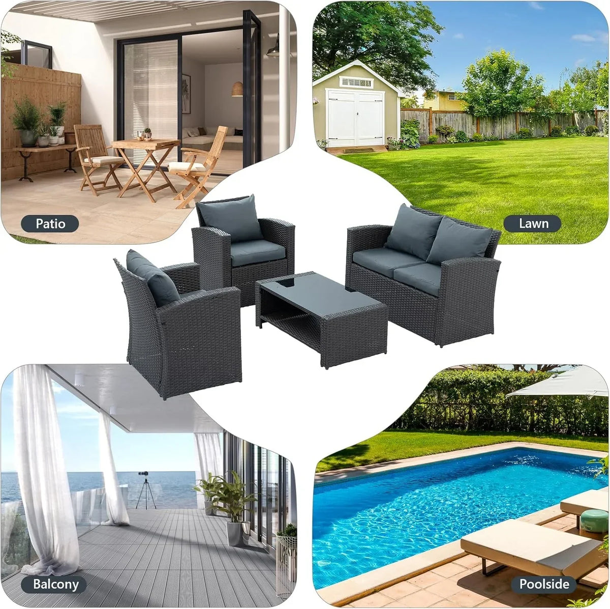 2026 New7 Piece Patio Furniture Sets Outdoor Sectional PE Rattan Outdoor Furniture Patio Conversation Set with Cushions and Glass Coffee Table, for Balcony Lawn and Garden, Gray