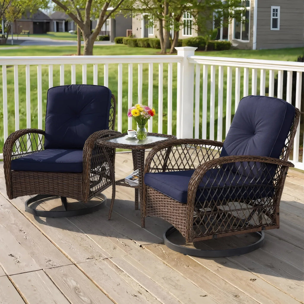 2026 New3 Piece Patio Swivel Rocker Chairs Set, 2 360-Degree Swivel Rocking Chairs with 1 Glass Top Table, PE Rattan Outdoor Bistro Set with Cushions for Balcony Deck Poolside Backyard Porch