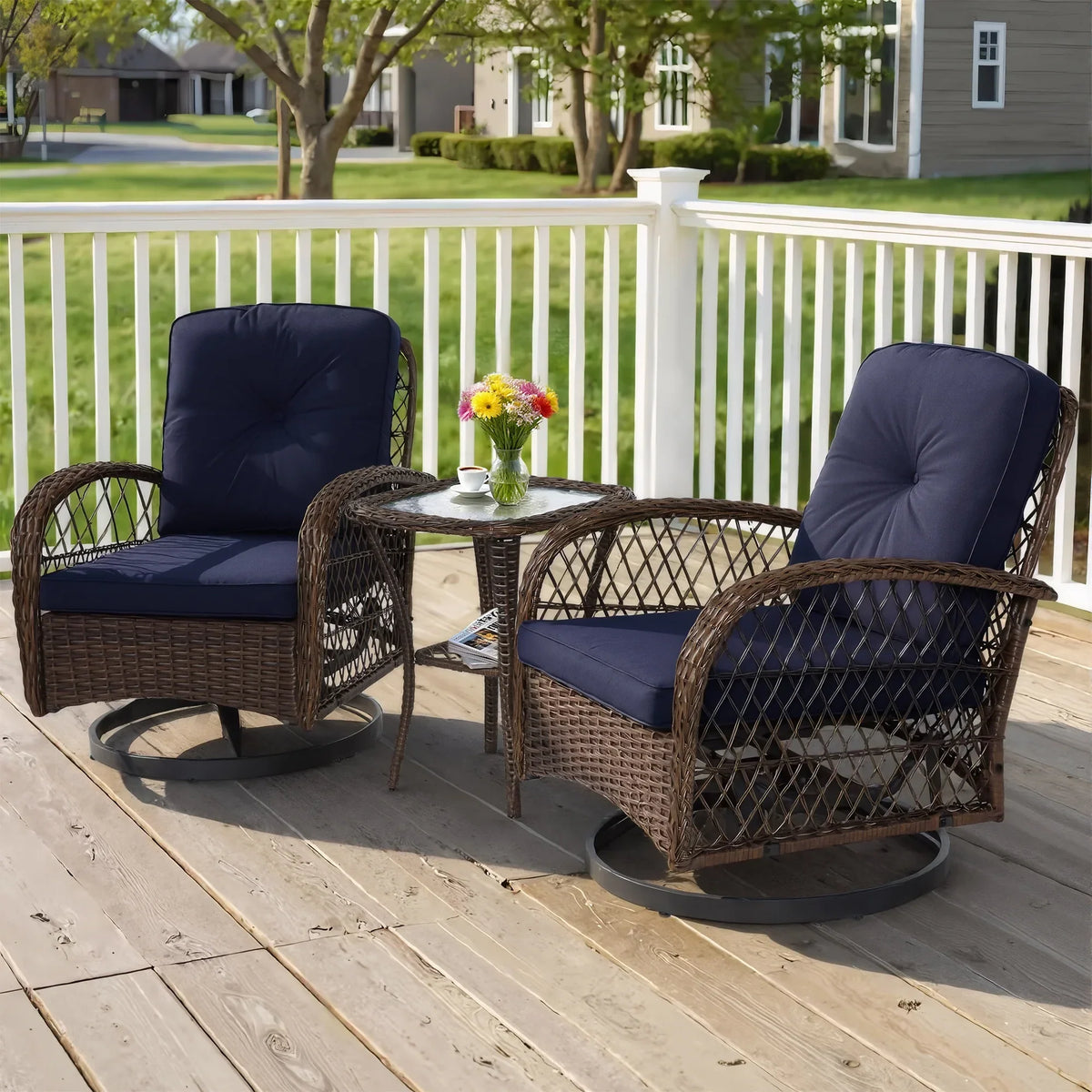 2026 New3 Piece Patio Swivel Rocker Chairs Set, 2 360-Degree Swivel Rocking Chairs with 1 Glass Top Table, PE Rattan Outdoor Bistro Set with Cushions for Balcony Deck Poolside Backyard Porch