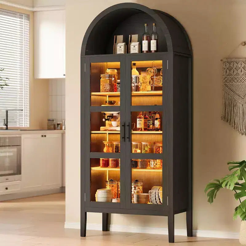 2026 Armario de almacenamiento arqueado negro/blanco de 71" con luces LED y puertas de cristal