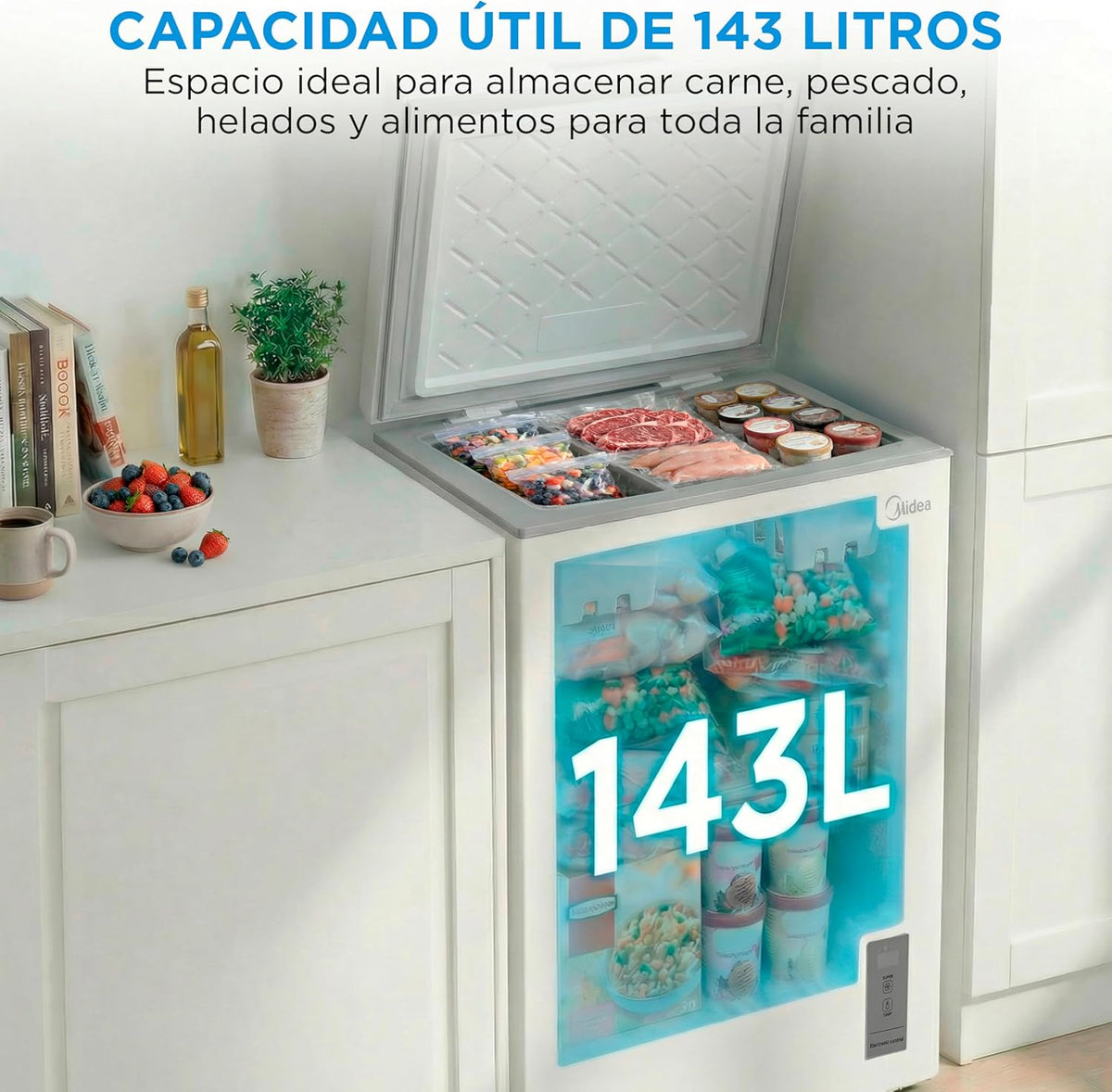 2026 MIDEA Arcon Congelador Pequeño de 143L | Congelador Horizontal Convertible a Frigorífico con Motor Inverter, Control Electrónico de Temperatura, Cestas con Asa | Arcón Silencioso 37 db Bajo Consumo