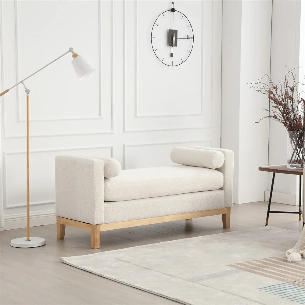 2026 New53.5"W Elegant Upholstered Bench with Wood Legs & Round Pillows,Comfy Boucle Fabric Footrest with Arms, Entryway Bench for End of Bed, Bedroom and Living Room, Ivory