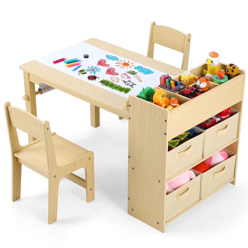 2026 NewPirecart Kids Art Table and 2 Chairs Toddler Craft Set Wooden Play Activity Drawing Table with 4 Storage Bins and Paper Roll