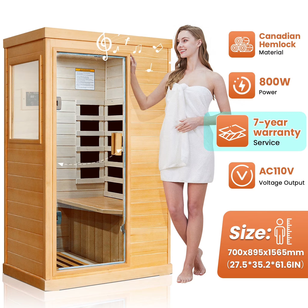 2026 NewOUTEXER 800W Far Infrared Sauna with Carbon Heaters, Canadian Hemlock Wood, Indoor Use