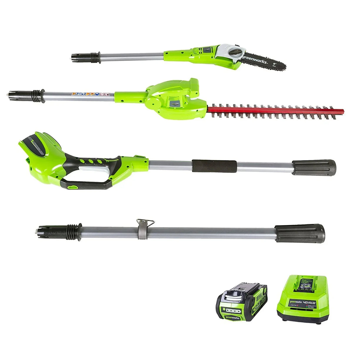 2026 NewGreenworks 40V 20" Battery Powered Pole Saw with Hedge Trimmer Attachment + 2.0 Ah Battery and Charger
