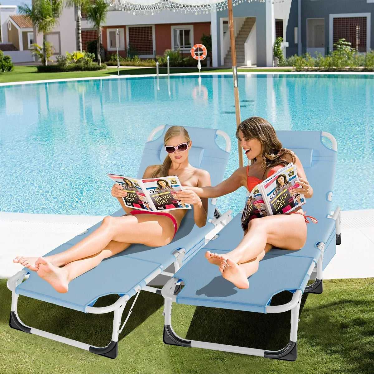 2026 NewMOPHOTO Lounge Chair with Mattress, Outdoor Chaise Lounge Support 440 Lbs, Adjustable Portable Heavy Duty Sleeping Cots Bed for Camping, Pool, Beach, Patio