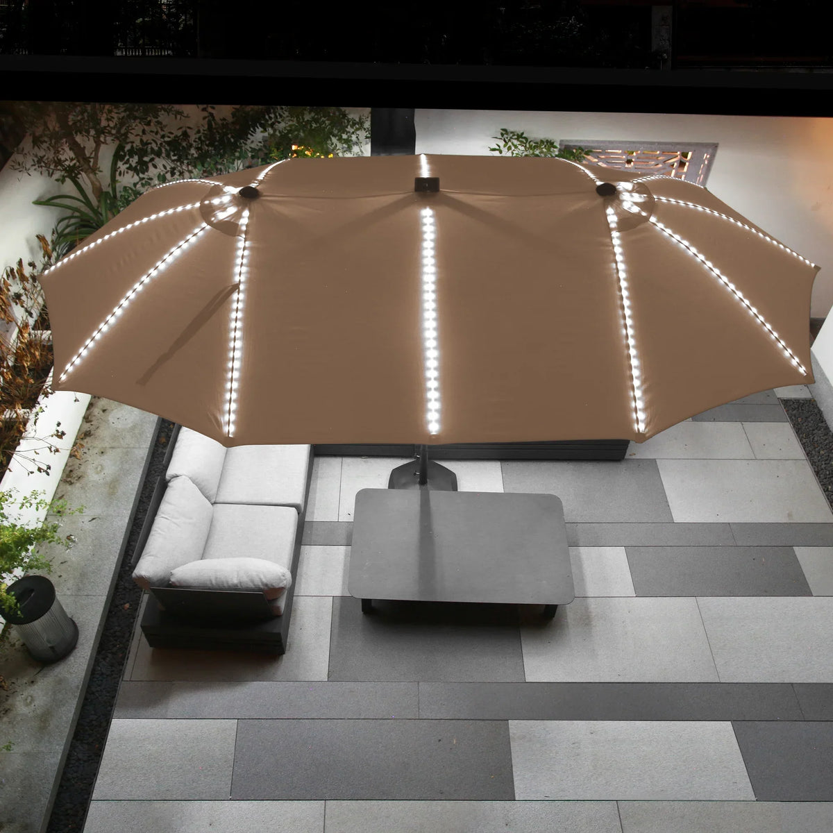 2026 NewMondawe 15ft Patio Umbrella, Large Double-Sided Solar LED Outdoor Umbrella with Fiberglass Ribs and Base for Deck Pool, Navy Blue