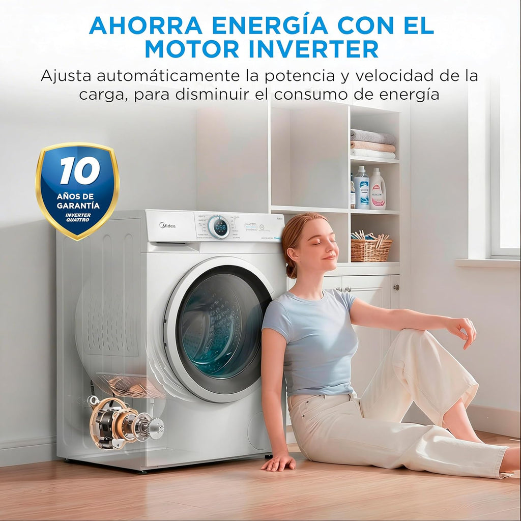 2026 Midea Lavadora de carga frontal 8 kg, 1950 W, 1350 rpm, motor Inverter, 15 programas, HealthGuard, lavado rápido, vapor y modo Eco