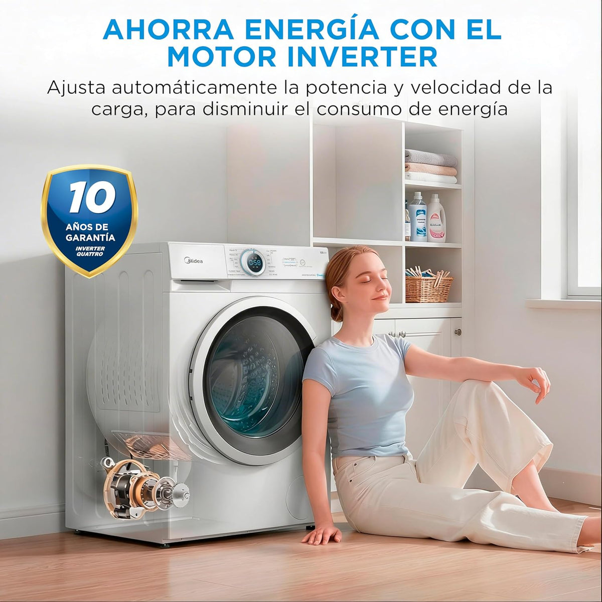 2026 Midea Lavadora de carga frontal 8 kg, 1950 W, 1350 rpm, motor Inverter, 15 programas, HealthGuard, lavado rápido, vapor y modo Eco
