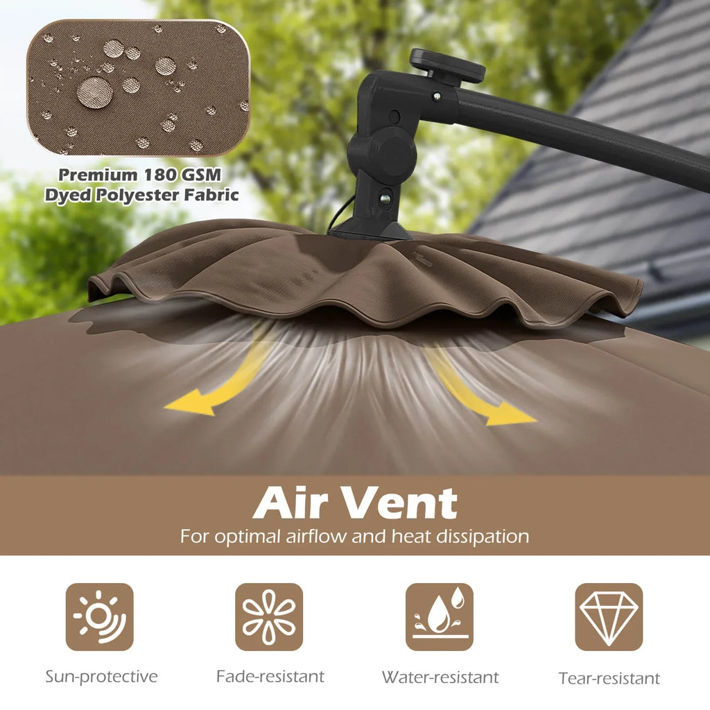 2026 NewCostway 10 FT Solar Offset Hanging Umbrella Patio Cantilever Umbrella with 32 LED Lights Brown