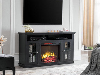 2026 Mueble para TV con chimenea eléctrica Brady en color negro rústico.