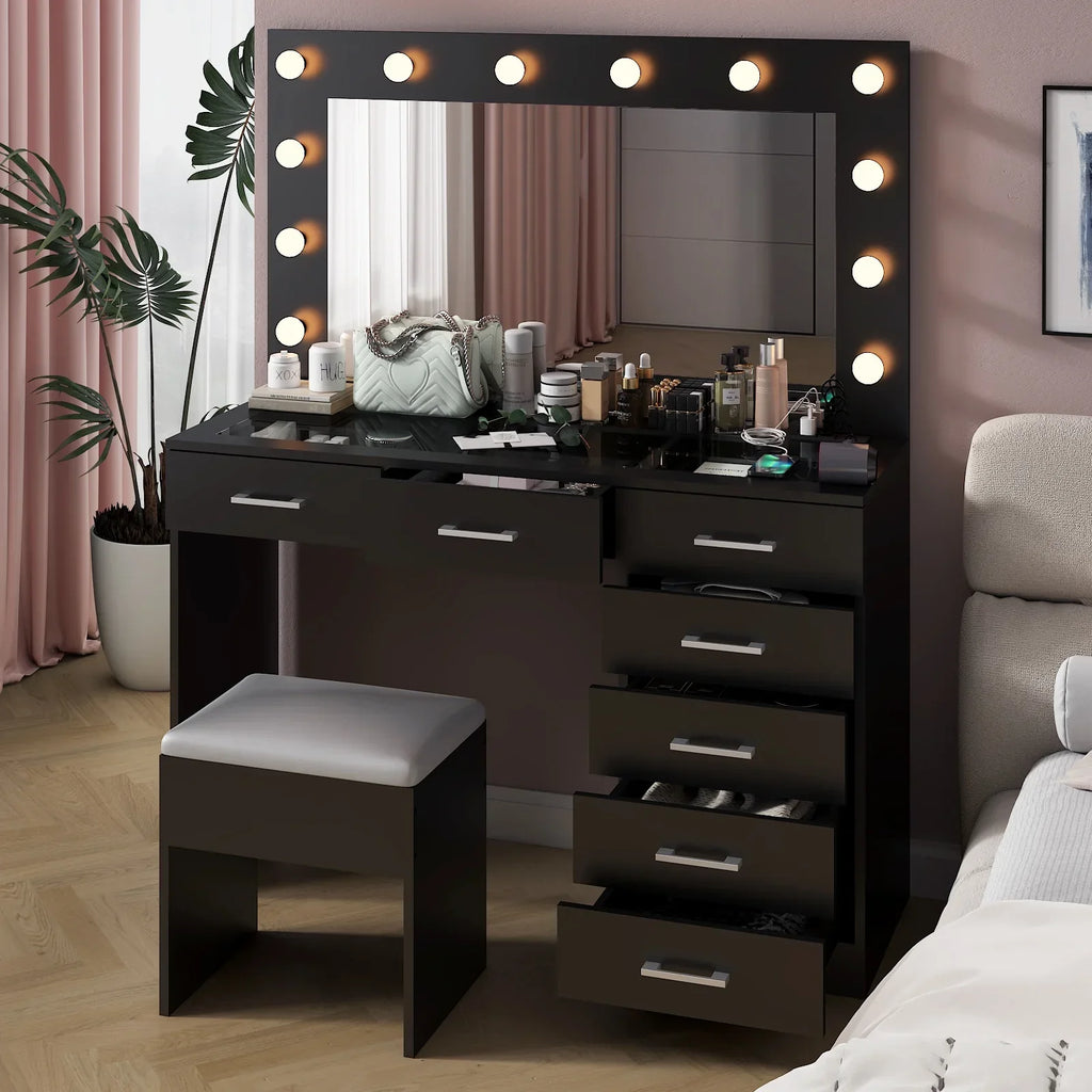 2026 NewKtaxon Large Makeup Vanity, Vanity Table Set w/ Visible Glass Top w/ Charging Station, White