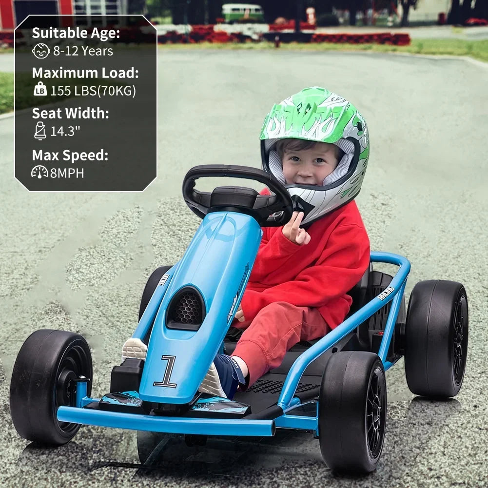 2026 NewSimzone Go Kart for Kids 24V Battery 300WX2 Motors Pedal On Foot Go Cart 8MPH High Speed Drifting Car with Slow Start Function Music Elastic Durable Tires, Blue