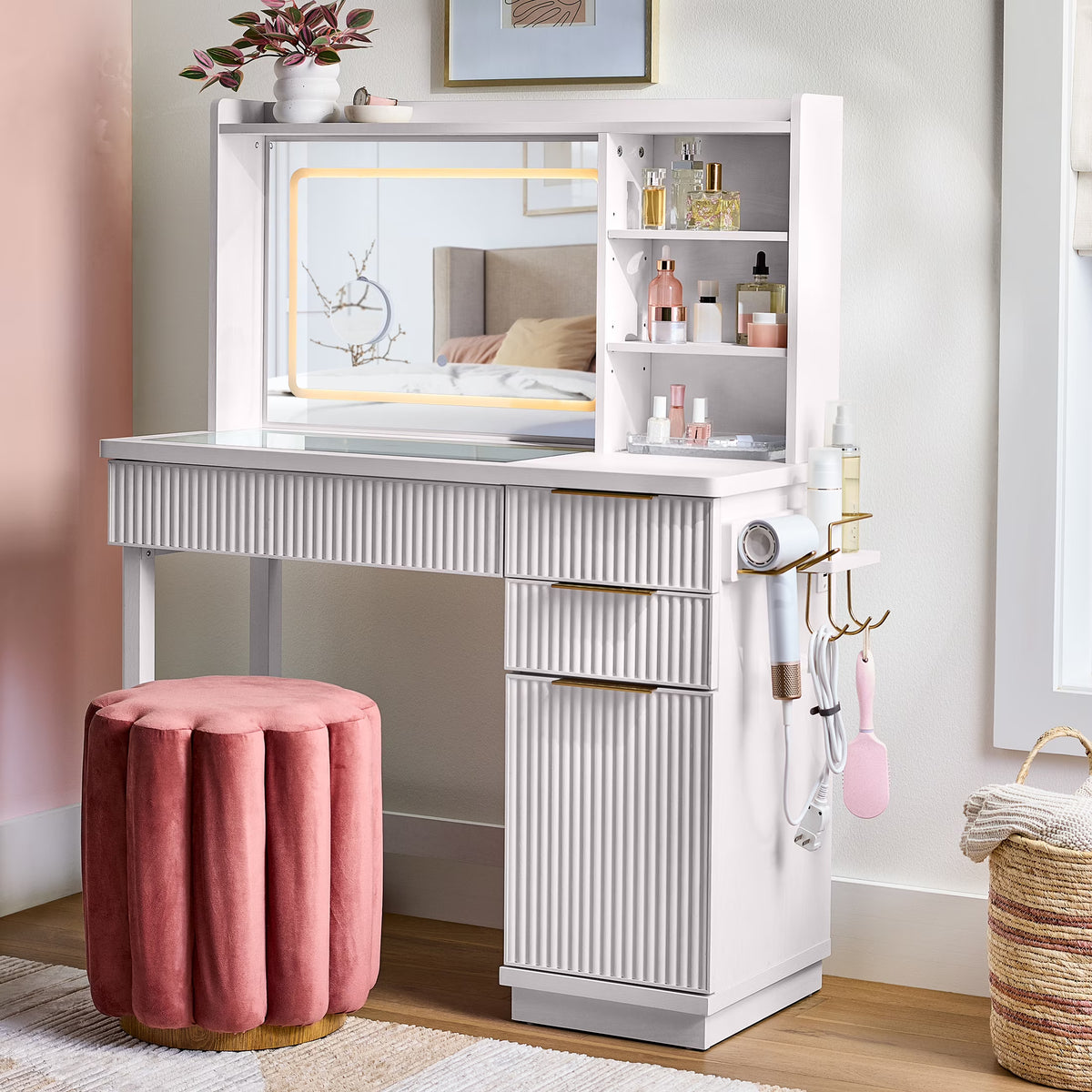 2026 NewBetter Homes & Gardens Lillian Vanity Desk with LED Lighted Mirror, White Finish