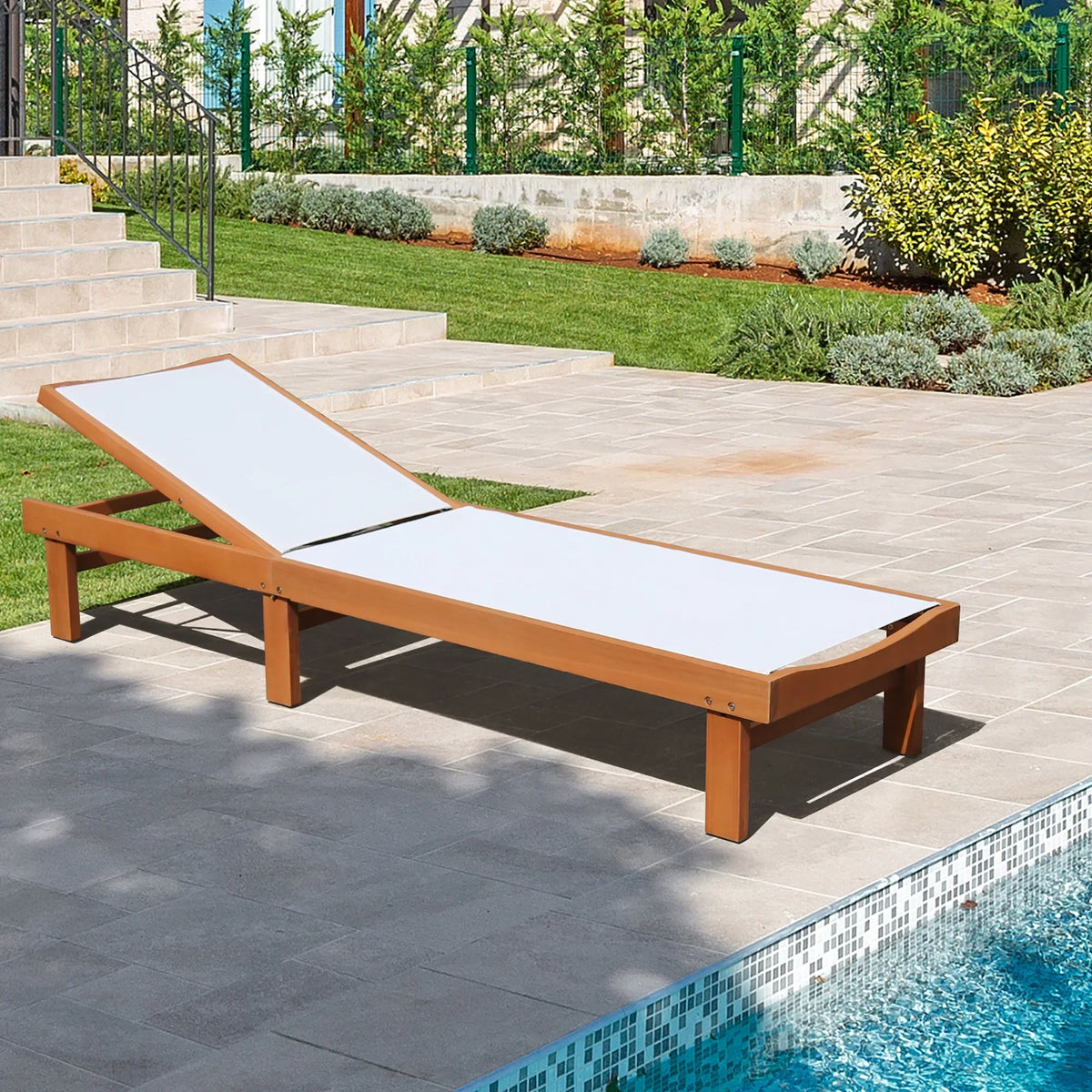 2026 NewGymax 2PCS Patio Wooden Chaise Lounge Chair Recliner w/ Adjustable Backrest