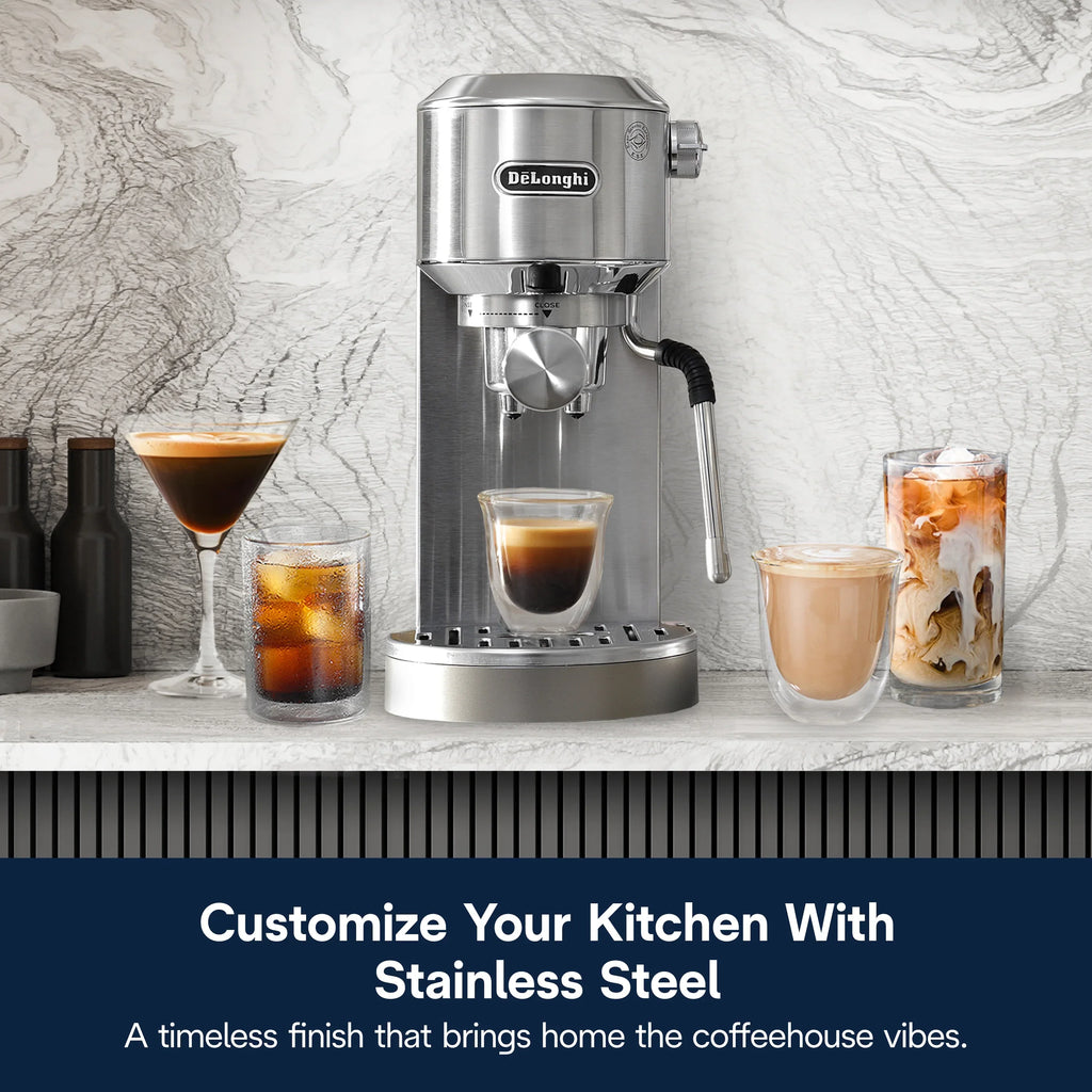 2026 NewDe’Longhi Dedica Duo Espresso Machine, Compact Size with Built in Frother for Latte Art, Brew Espresso, Cold Brew, Lattes & More, Stainless Steel