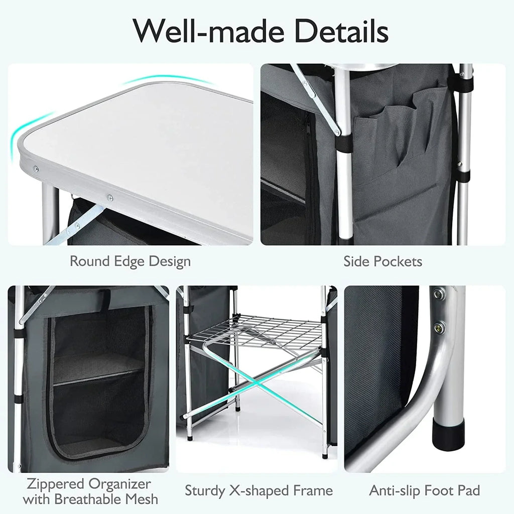 2026 NewCamping Kitchen Table with Storage, Aluminum Portable Outdoor Cooking Table with Windscreen, Foldable Camp Table Cook Station for BBQ, Grill, Party, Picnics