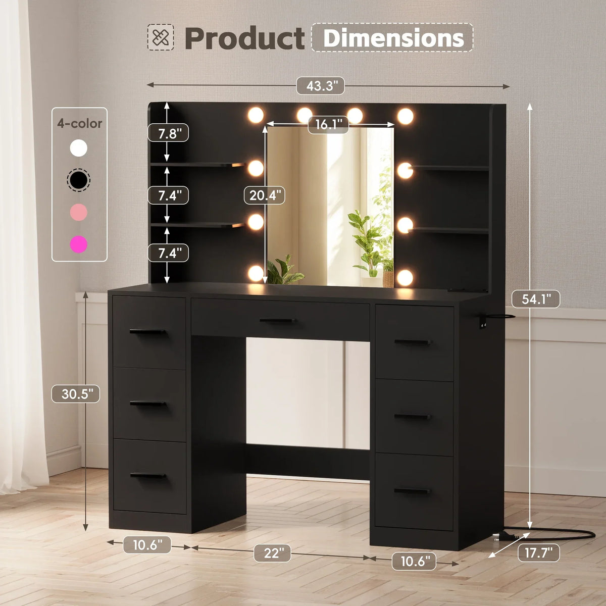 2026 NewLacoo Vanity Desk with Mirror and LED Lights, Makeup Vanity with 7 Drawers & 4 Shelves, Vanity Table with Power Outlet for Bedroom Dressing Room, White