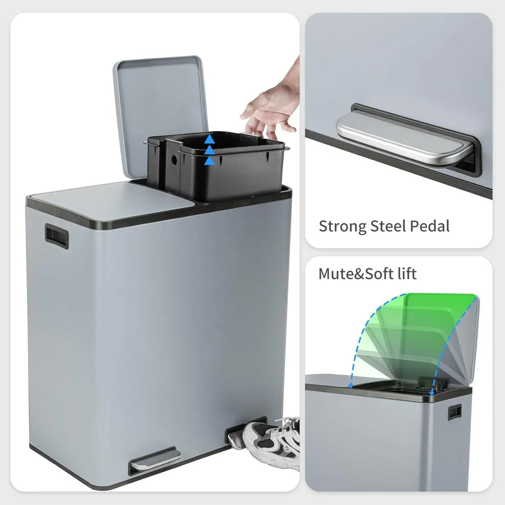 2026 NewArlopu 60 L/16 gal Dual Trash Can, Stainless Steel Garbage Can for Kitchen, Recycle Bin with Lid