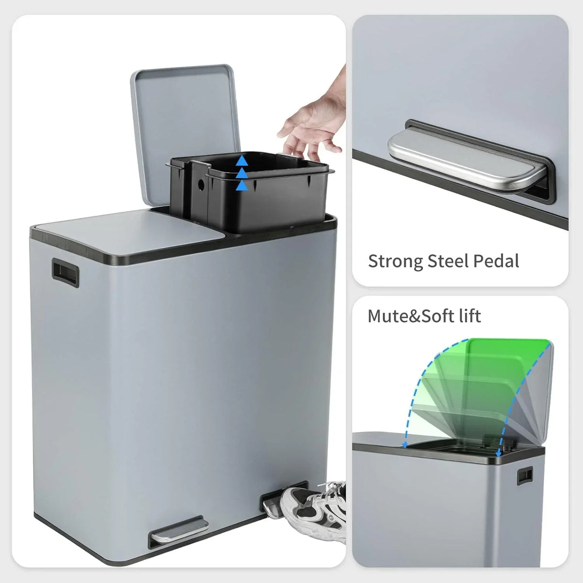 2026 NewArlopu 60 L/16 gal Dual Trash Can, Stainless Steel Garbage Can for Kitchen, Recycle Bin with Lid