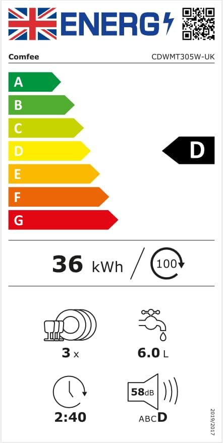 2026 Lavavajillas de sobremesa COMFEE' 7, depósito integrado de 6 L, 3 programas, lavado higiénico, secado con apertura automática, clase energética D, blanco