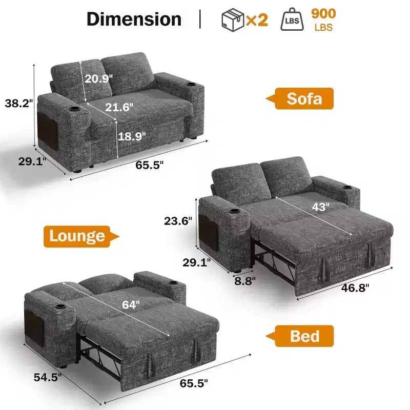 2026 Dyonery Sofá cama 4 en 1 de 65,5" con respaldos ajustables, carga USB/Type-C, portavasos y bolsillos, verde