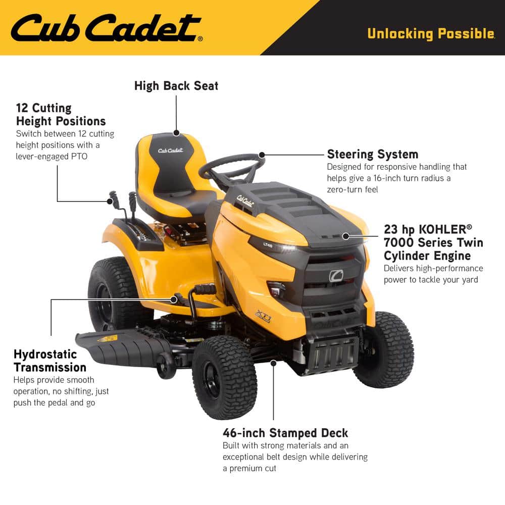 2026 Tractor cortacésped autopropulsado a gasolina XT1 Enduro LT de 46 pulgadas, 23 HP, motor V-Twin Kohler Serie 7000, transmisión hidrostática.
