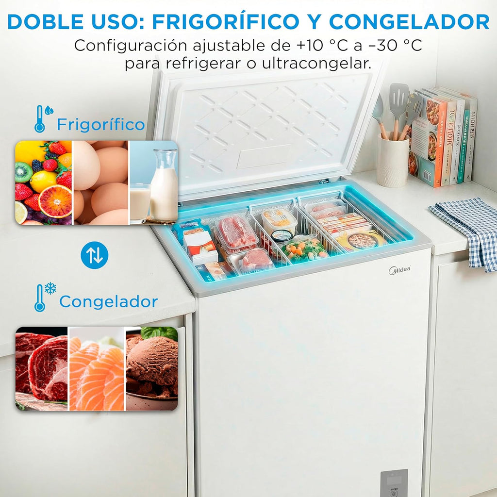 2026 MIDEA Arcon Congelador Pequeño de 143L | Congelador Horizontal Convertible a Frigorífico con Motor Inverter, Control Electrónico de Temperatura, Cestas con Asa | Arcón Silencioso 37 db Bajo Consumo